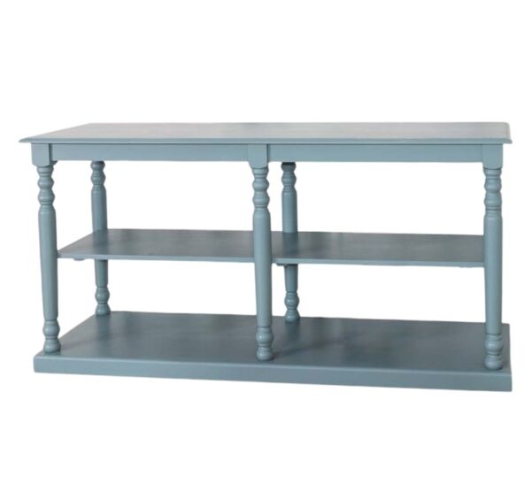 landelijk open winkeldisplay/dressoir/sidetable met legplank. Dit is ideaal voor je producten mooi te presenteren. Gemaakt van massief hout eiken en in de kleur blauw, grijs. de afmeting is 180 cm. Villa Laura