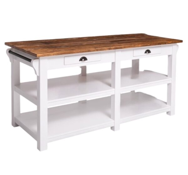 Landelijke houten kookeiland/keukenblok met open vakken en lades. Gemaakt van massief eiken hout in de kleur wit en bruin eiken. Het meubel kan op verschillende manieren geverfd worden in verschillende kleuren en kan op maat gemaakt worden. Villa Laura