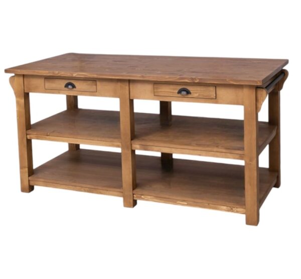 Landelijke houten kookeiland/keukenblok met open vakken en lades. Gemaakt van massief eiken hout in de kleur naturel bruin eiken. Het meubel kan op verschillende manieren geverfd worden in verschillende kleuren en kan op maat gemaakt worden. Villa Laura