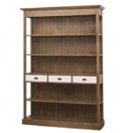 Landelijke boekenkast met vijf open vakken en drie lades. Gemaakt van massief eiken hout in de kleur naturel warm bruin en witte laadjes. Het meubel kan op verschillende manieren geverfd worden in verschillende kleuren en kan op maat gemaakt worden. Villa Laura