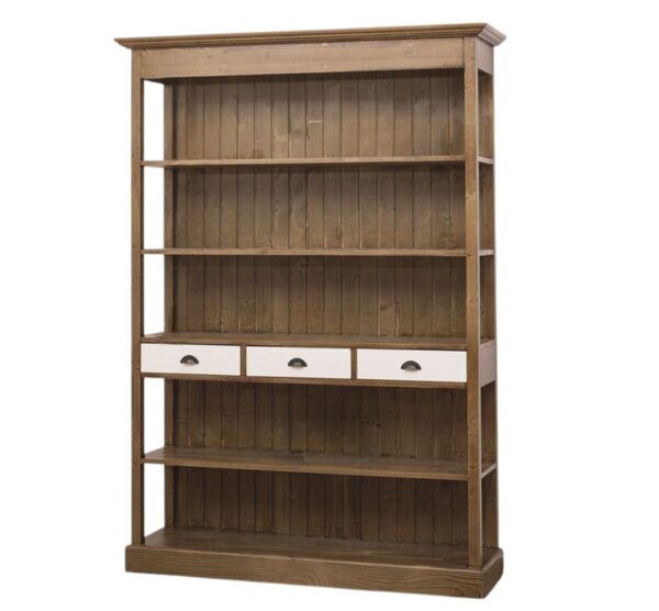 Landelijke boekenkast met vijf open vakken en drie lades. Gemaakt van massief eiken hout in de kleur naturel warm bruin en witte laadjes. Het meubel kan op verschillende manieren geverfd worden in verschillende kleuren en kan op maat gemaakt worden. Villa Laura