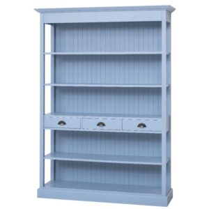 Landelijke boekenkast/schappenkast met vijf open vakken en drie lades. Gemaakt van massief eiken hout in de kleur licht blauw. Het meubel kan op verschillende manieren geverfd worden in verschillende kleuren en kan op maat gemaakt worden. Villa Laura