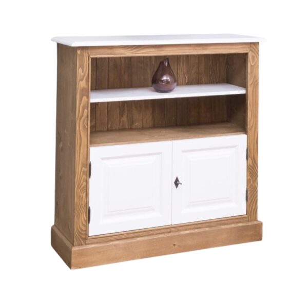 Landelijke bureaukastje met deuren en open vakken voor opbergruimte. Onderaan 2 kleine deurtjes met daarboven 2 open vakken onder elkaar. Gemaakt van massief eiken hout in de wit en warm eiken. Het meubel kan op verschillende manieren geverfd worden in verschillende kleuren en kan op maat gemaakt worden. Villa Laura