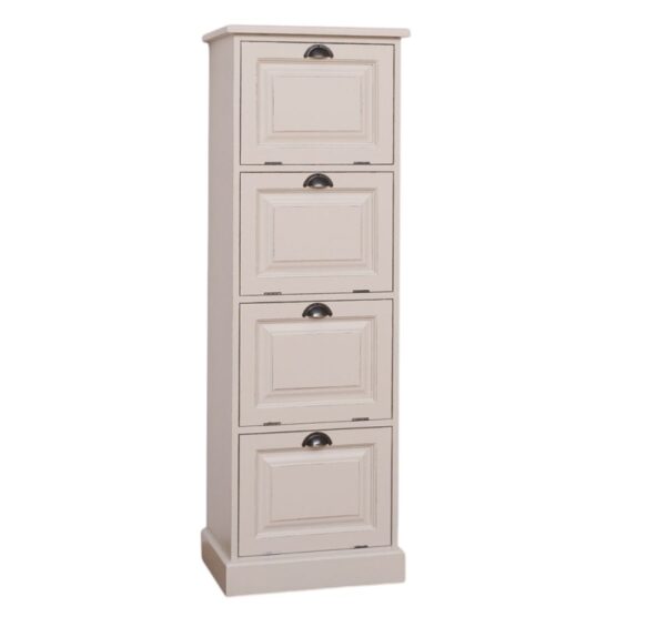 Landelijke hoge dossierkast/opbergkast met 4 vakken. Gemaakt van massief eiken hout in de kleur zand, beige. Het meubel kan op verschillende manieren geverfd worden in verschillende kleuren en kan op maat gemaakt worden. Villa Laura