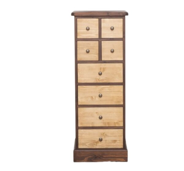 Landelijke hoge ladekast met acht lades waarvan vier kleine en vier grote. Gemaakt van massief eiken hout in de kleur warm en licht eiken. Het meubel kan op verschillende manieren geverfd worden in verschillende kleuren en kan op maat gemaakt worden. Villa Laura