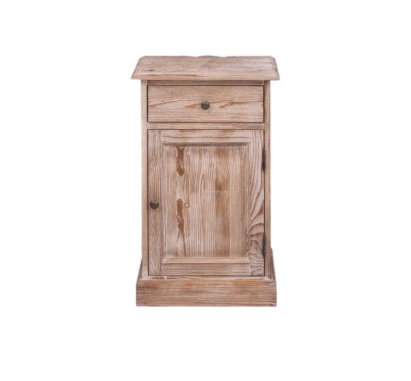 landelijke, klassieke, extravagante nachtkastje met lade en deurtje voor veel opbergruimte. Gemaakt van massief hout eiken in de kleur rustiek beachhout met whitewashing. Het nachtkastje kan op verschillende manieren geverfd worden. Het kan op maat gemaakt worden. Villa Laura