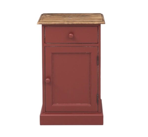 landelijke, klassieke, extravagante nachtkastje met lade en deurtje voor veel opbergruimte. Gemaakt van massief hout eiken in de kleur bordeaux rood en warm bruin blad. Het nachtkastje kan op verschillende manieren geverfd worden. Het kan op maat gemaakt worden. Villa Laura