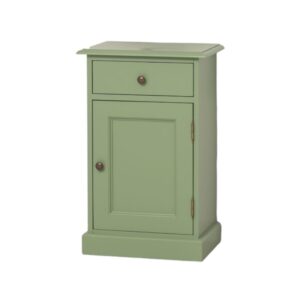 landelijke, klassieke, extravagante nachtkastje met lade en deurtje voor veel opbergruimte. Gemaakt van massief hout eiken in de kleur oud groen. Het nachtkastje kan op verschillende manieren geverfd worden. Het kan op maat gemaakt worden. Villa Laura