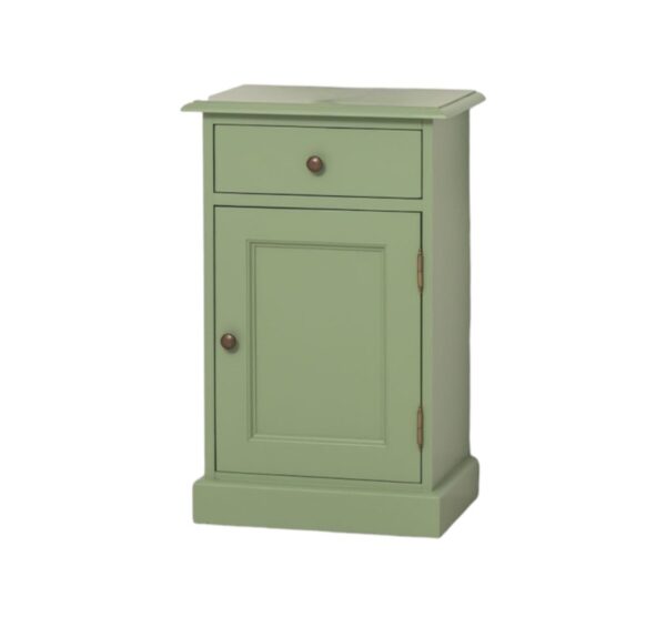landelijke, klassieke, extravagante nachtkastje met lade en deurtje voor veel opbergruimte. Gemaakt van massief hout eiken in de kleur oud groen. Het nachtkastje kan op verschillende manieren geverfd worden. Het kan op maat gemaakt worden. Villa Laura