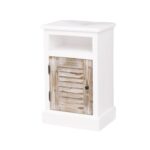 Landelijk louvre nachtkastje met open vak en deur. Gemaakt van massief eiken hout in de kleur wit en rustiek ibiza wood hout. Het meubel kan op verschillende manieren geverfd worden in verschillende kleuren en kan op maat gemaakt worden. Villa Laura
