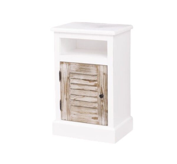 Landelijk louvre nachtkastje met open vak en deur. Gemaakt van massief eiken hout in de kleur wit en rustiek ibiza wood hout. Het meubel kan op verschillende manieren geverfd worden in verschillende kleuren en kan op maat gemaakt worden. Villa Laura
