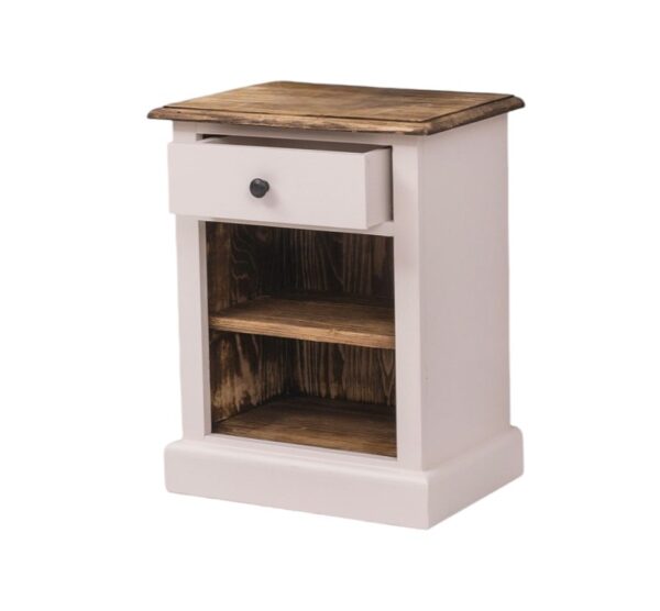 Landelijke, klassieke, extravagante nachtkastje met lade en een open vak met twee planken voor veel opbergruimte. Gemaakt van massief hout eiken in de kleur wit en bruin rustiek blad. Het nachtkastje kan op verschillende manieren geverfd worden in verschillende kleuren. Het kan op maat gemaakt worden. Villa Laura