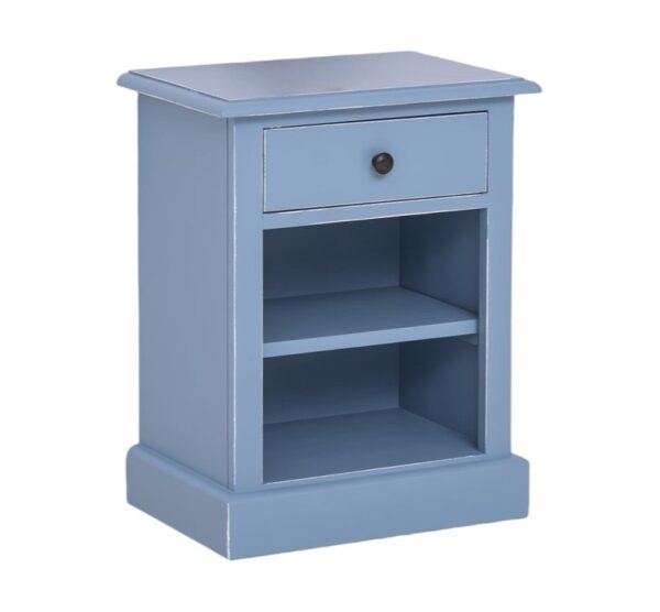 Landelijke, klassieke, extravagante nachtkastje met lade en een open vak met twee planken voor veel opbergruimte. Gemaakt van massief hout eiken in de kleur koningsblauw, kobalt blauw. Het nachtkastje kan op verschillende manieren geverfd worden in verschillende kleuren. Het kan op maat gemaakt worden. Villa Laura