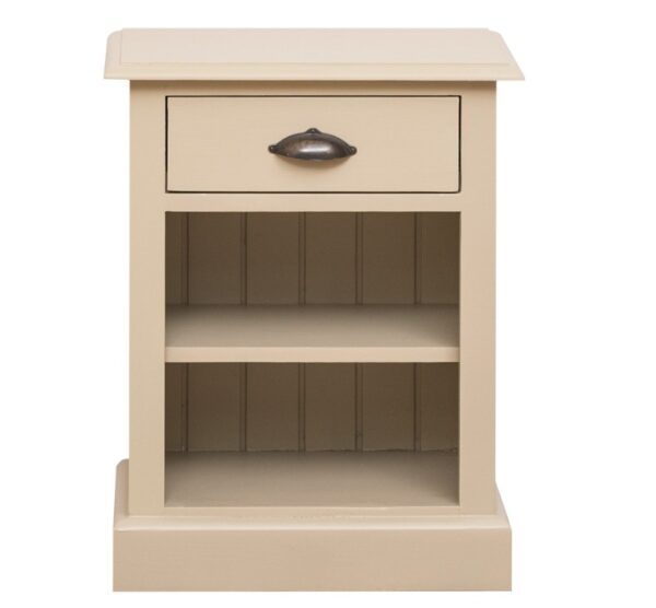 Landelijke, klassieke, extravagante nachtkastje met lade en een open vak met twee planken voor veel opbergruimte. Gemaakt van massief hout eiken in de kleur beige zand. Het nachtkastje kan op verschillende manieren geverfd worden in verschillende kleuren. Het kan op maat gemaakt worden. Villa Laura