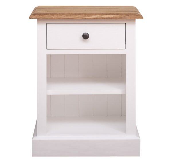 Landelijke, klassieke, extravagante nachtkastje met lade en een open vak met twee planken voor veel opbergruimte. Gemaakt van massief hout eiken in de kleur wit en naturel eiken blad. Het nachtkastje kan op verschillende manieren geverfd worden in verschillende kleuren. Het kan op maat gemaakt worden. Villa Laura