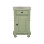 Landelijk nachtkastje met deur en lade. Gemaakt van massief eiken hout in de kleur groen vintagelook. Het meubel kan op verschillende manieren geverfd worden in verschillende kleuren en kan op maat gemaakt worden. Villa Laura