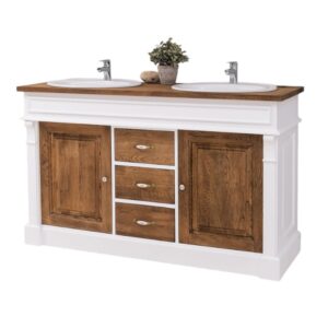 Landelijk badkamermeubel met ornamenten. het heeft dubbele wasbak, deuren en lades. Gemaakt van massief eiken hout in de kleur wit en warm eiken. Het meubel kan op verschillende manieren geverfd worden in verschillende kleuren en kan op maat gemaakt worden. Villa Laura