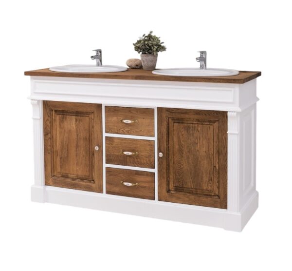 Landelijk badkamermeubel met ornamenten. het heeft dubbele wasbak, deuren en lades. Gemaakt van massief eiken hout in de kleur wit en warm eiken. Het meubel kan op verschillende manieren geverfd worden in verschillende kleuren en kan op maat gemaakt worden. Villa Laura