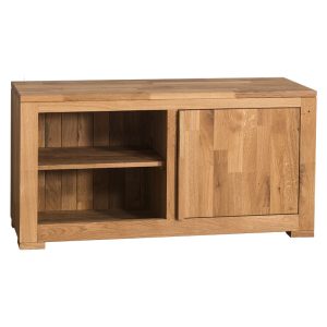 Modern houten eiken tv-meubel met twee open vakken en een deurtje. Gemaakt van massief eiken hout in de kleur naturel. Het meubel kan op verschillende manieren geverfd worden in verschillende kleuren en kan op maat gemaakt worden. Villa Laura