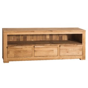 Modern houten eiken tv-meubel met open vak en drie lades. Gemaakt van massief eiken hout in de kleur naturel. Het meubel kan op verschillende manieren geverfd worden in verschillende kleuren en kan op maat gemaakt worden. Villa Laura