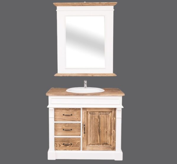 houten landelijke badkamermeubel met ornamenten met waskom, spiegel en een kraan. Het is een open badkamermeubel met legplanken. het is wit met bruin houten deurtjes en lades en eiken blad. Het meubel kan op maat gemaakt worden. villa laura.