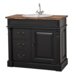 houten landelijke badkamermeubel met waskom en een kraan. Het is een open badkamermeubel met legplanken. In de kleur zwart en warm bruin eiken blad. Het meubel kan op maat gemaakt worden. villa laura.