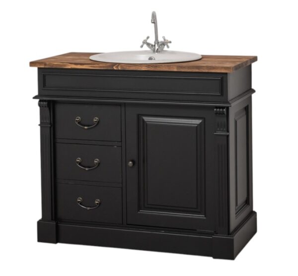 houten landelijke badkamermeubel met waskom en een kraan. Het is een open badkamermeubel met legplanken. In de kleur zwart en warm bruin eiken blad. Het meubel kan op maat gemaakt worden. villa laura.