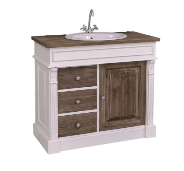 houten landelijke badkamermeubel met ornamenten met waskom, spiegel en een kraan. Het is een open badkamermeubel met legplanken. het is wit met bruin houten deurtjes en lades en eiken blad. Het meubel kan op maat gemaakt worden. villa laura.