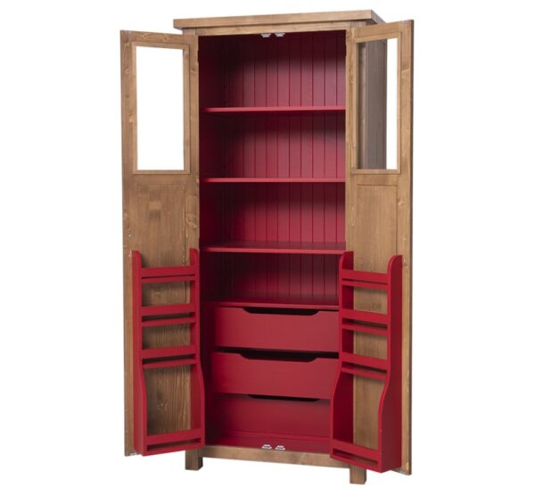 Landelijke buffetkast 2-deurs met specerijen rek. Gemaakt van massief eiken hout in de kleur rood met naturel. Het meubel kan op verschillende manieren geverfd worden in verschillende kleuren en kan op maat gemaakt worden. Villa Laura