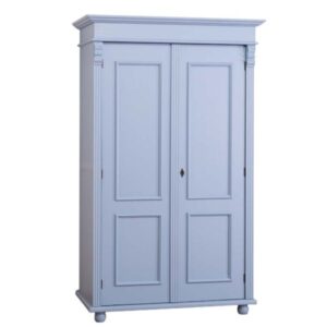 landelijk klassiek 2-deurs kledingkast/opbergkast. de kledingkast heeft een roede met daarboven een legplank. Gemaakt van massief hout eiken in de kleur blauw, paars. de kledingkast is 110 cm breed of het kan op maat gemaakt worden. Villa Laura