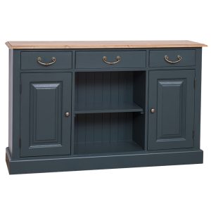 Dressoir met lades, vakken en open vakken voor opbergruimte. Gemaakt van massief eiken hout in de kleur donkerblauw met een warm bruin blad. Het meubel kan op verschillende manieren geverfd worden in verschillende kleuren en kan op maat gemaakt worden. Villa Laura