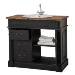 houten landelijke badkamermeubel met waskom en een kraan. Het is een open badkamermeubel met legplanken. In de kleur zwart en warm bruin eiken blad. Het meubel kan op maat gemaakt worden. villa laura.