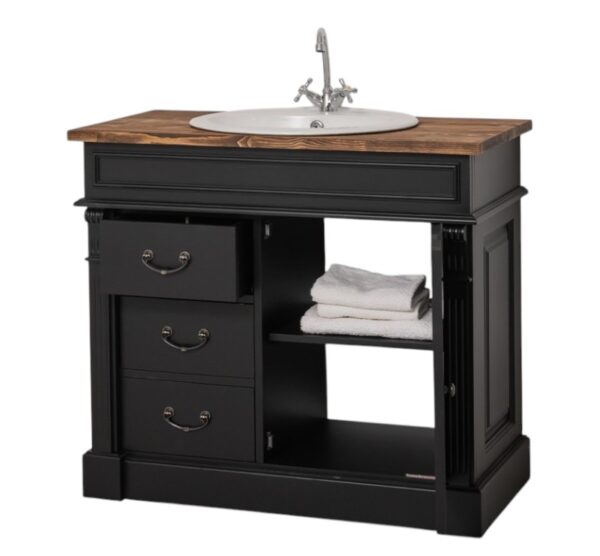 houten landelijke badkamermeubel met waskom en een kraan. Het is een open badkamermeubel met legplanken. In de kleur zwart en warm bruin eiken blad. Het meubel kan op maat gemaakt worden. villa laura.