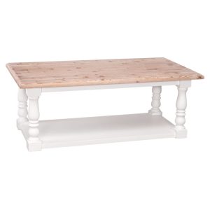 Landelijke, klassieke, extravagante salontafel met sierlijke poten en onderblad. Gemaakt van massief eiken hout in de kleur wit met een olie licht eiken blad. De salontafel kan op verschillende manieren geverfd worden in verschillende kleuren en kan op maat gemaakt worden. Villa Laura