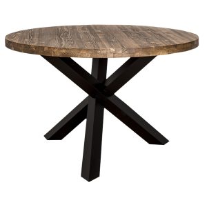 Ronde eettafel met spinpoot. Gemaakt van massief hout eiken. Het onderstel is zwart en het bovenblad is van warm, rustiek eiken hout waar je mooi de nerven van kan zien. De lengte is 130 cm of het kan op maat gemaakt worden. Villa Laura