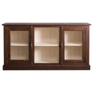 Klassiek dressoir met twee deurtjes en een open vak voor opbergruimte. Gemaakt van massief eiken hout in de kleur donker eiken bruin met een witte binnenkant. Het meubel kan op verschillende manieren geverfd worden in verschillende kleuren en kan op maat gemaakt worden. Villa Laura