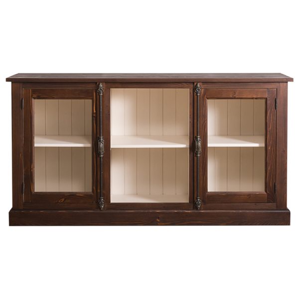 Klassiek dressoir met twee deurtjes en een open vak voor opbergruimte. Gemaakt van massief eiken hout in de kleur donker eiken bruin met een witte binnenkant. Het meubel kan op verschillende manieren geverfd worden in verschillende kleuren en kan op maat gemaakt worden. Villa Laura