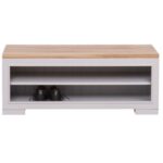 Modern schoenenbankje/zitbankje met twee open lange vakken. Gemaakt van massief eiken hout in de kleur licht grijs met naturel. Het meubel kan op verschillende manieren geverfd worden in verschillende kleuren en kan op maat gemaakt worden. Villa Laura