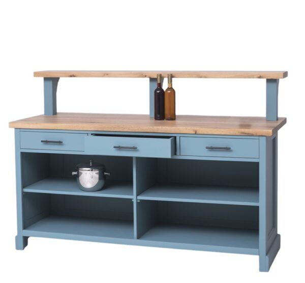 Landelijke bar met extra blad voor genoeg ruimte. Gemaakt van massief eiken hout in de kleur eiken wit met een grijs eiken blad. Het meubel kan op verschillende manieren geverfd worden in verschillende kleuren en kan op maat gemaakt worden. Villa Laura
