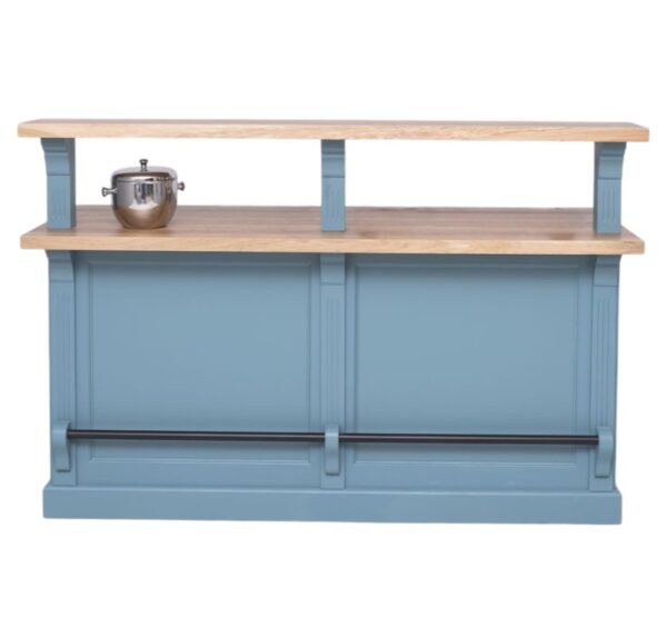 Landelijke bar met extra blad voor genoeg ruimte. Gemaakt van massief eiken hout in de kleur eiken wit met een grijs eiken blad. Het meubel kan op verschillende manieren geverfd worden in verschillende kleuren en kan op maat gemaakt worden. Villa Laura
