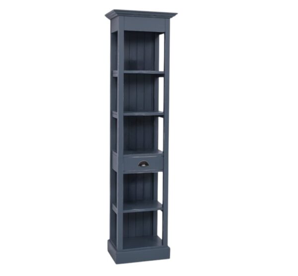 Landelijke boekenkast met vijf open vakken en een lade. Gemaakt van massief eiken hout in de kleur antraciet, blauw. Het meubel kan op verschillende manieren geverfd worden in verschillende kleuren en kan op maat gemaakt worden. Villa Laura