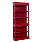 Landelijke boekenkast met vijf open vakken en twee lades. Gemaakt van massief eiken hout in de kleur rood. Het meubel kan op verschillende manieren geverfd worden in verschillende kleuren en kan op maat gemaakt worden. Villa Laura