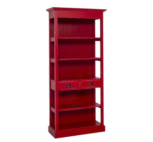Landelijke boekenkast met vijf open vakken en twee lades. Gemaakt van massief eiken hout in de kleur rood. Het meubel kan op verschillende manieren geverfd worden in verschillende kleuren en kan op maat gemaakt worden. Villa Laura