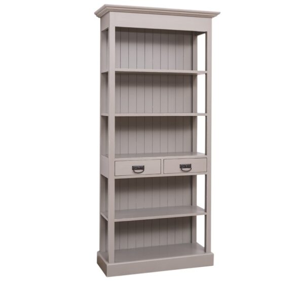 Landelijke boekenkast met vijf open vakken en twee lades. Gemaakt van massief eiken hout in de kleur , zand, beige, taupe, olijfgroen. Het meubel kan op verschillende manieren geverfd worden in verschillende kleuren en kan op maat gemaakt worden. Villa Laura