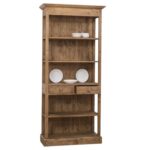 Landelijke boekenkast met vijf open vakken en twee lades. Gemaakt van massief eiken hout in de kleur warm eiken. Het meubel kan op verschillende manieren geverfd worden in verschillende kleuren en kan op maat gemaakt worden. Villa Laura