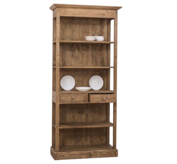 Landelijke boekenkast met vijf open vakken en twee lades. Gemaakt van massief eiken hout in de kleur warm eiken. Het meubel kan op verschillende manieren geverfd worden in verschillende kleuren en kan op maat gemaakt worden. Villa Laura