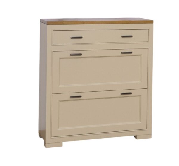 Modern landelijk schoenenkast met 2 kleppen, vakken en lade. Het meubel kan op verschillende manieren geverfd worden in verschillende kleuren en kan op maat gemaakt worden. Gemaakt van massief eiken hout in de kleur zand, beige. Villa Laura