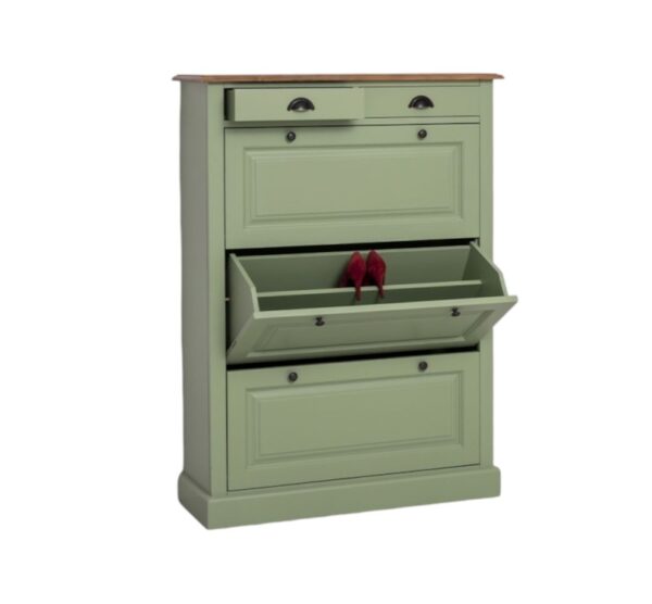 Landelijke schoenenkast met drie kleppen, vakken en twee kleine lades. Het meubel kan op verschillende manieren geverfd worden in verschillende kleuren en kan op maat gemaakt worden. Gemaakt van massief eiken hout in de kleur groen, olijfgroen. Villa Laura