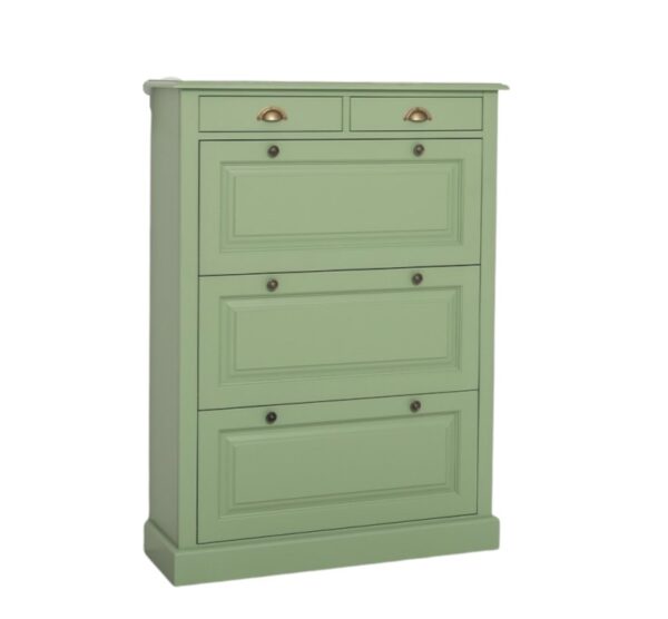 Landelijke schoenenkast met drie kleppen, vakken en twee kleine lades. Het meubel kan op verschillende manieren geverfd worden in verschillende kleuren en kan op maat gemaakt worden. Gemaakt van massief eiken hout in de kleur groen, olijfgroen. Villa Laura