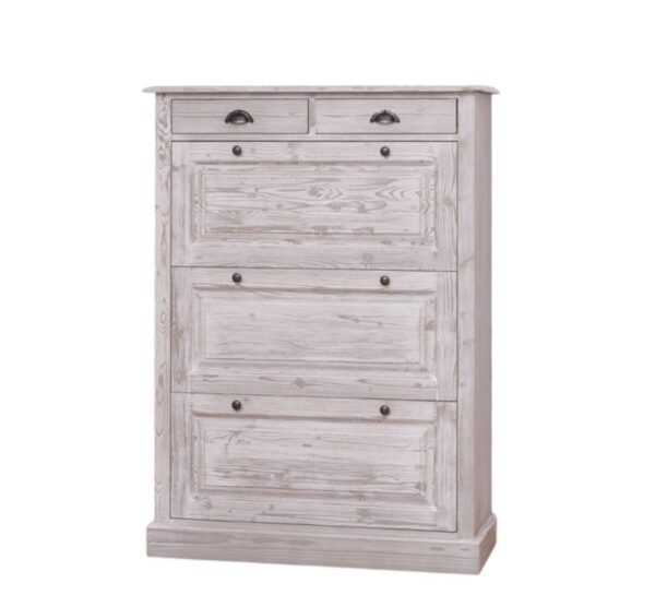 Landelijke schoenenkast met drie kleppen, vakken en twee kleine lades. Het meubel kan op verschillende manieren geverfd worden in verschillende kleuren en kan op maat gemaakt worden. Gemaakt van massief eiken hout in de kleur rustiek beachwood, whitewash, ibizastijl. Villa Laura